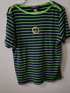 Sag Harbor Sport Large Navy Neon Green Striped Nautical Anchor Top